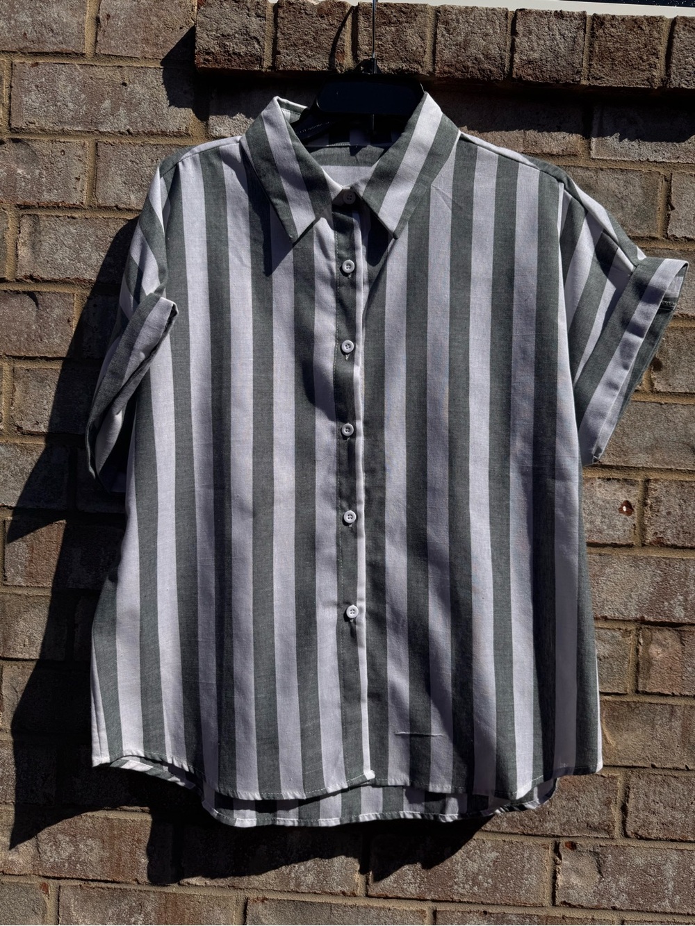 Amazon Women’s Short Sleeve Button-Up Blouse - Gray & White Vertical Stripes